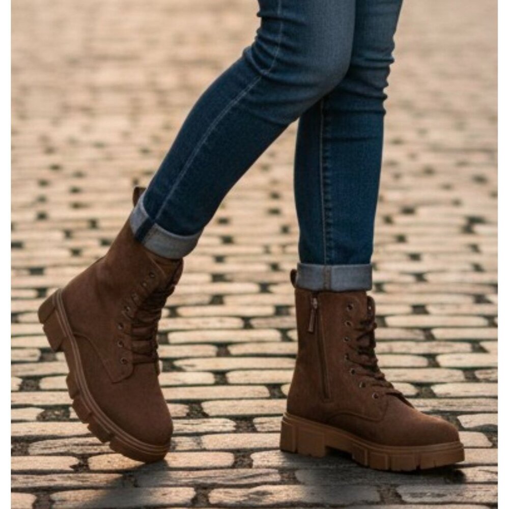 Chunky Sole Brown Faux Suede Combat Boots With Side Zipper & Lace-Up Closure For